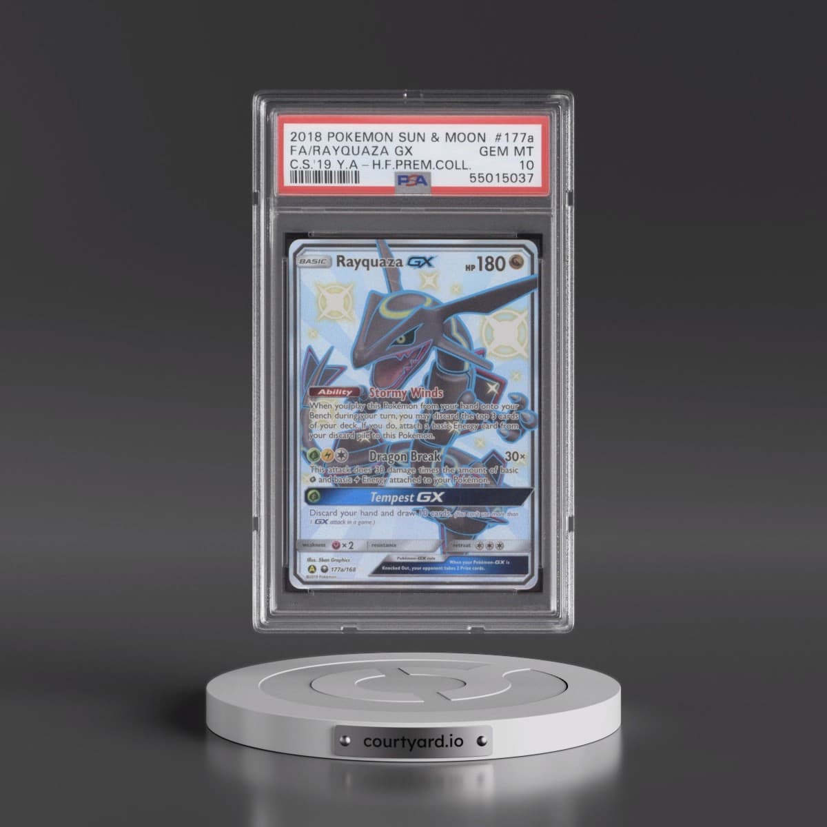 2018 Pokémon Sun & Moon Celestial Storm #177a Rayquaza GX - Holo Full Art 2019 Yellow A Hidden Fates Premium Collection (PSA 10 GEM MINT)
