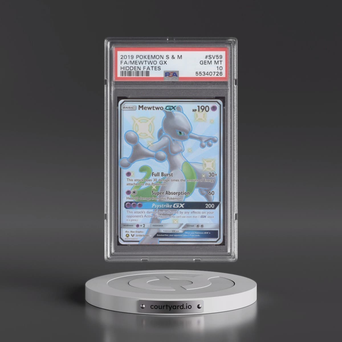 2019 Pokémon Sun & Moon Hidden Fates #SV59 Mewtwo GX - Holo Full Art (PSA 10 GEM MINT)