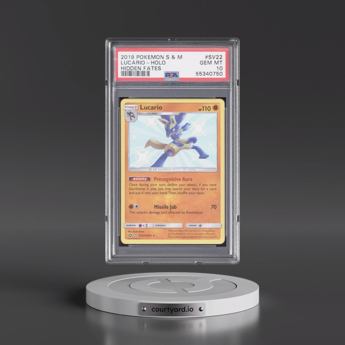 2019 Pokémon Sun & Moon Hidden Fates #SV22 Lucario - Holo (PSA 10 GEM MINT)