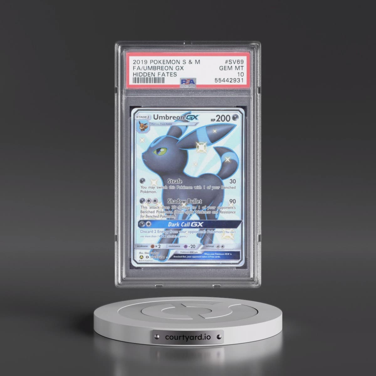 2019 Pokémon Sun & Moon Hidden Fates #SV69 Umbreon GX - Holo Full Art (PSA 10 GEM MINT)