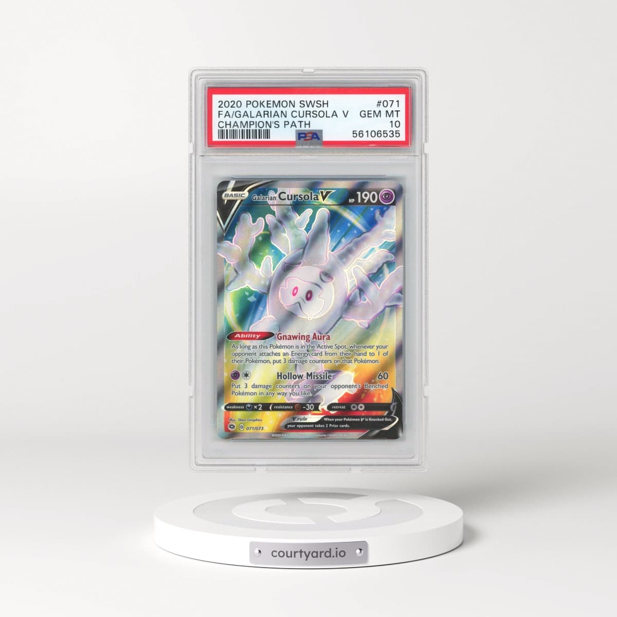 2020 Pokémon Sword & Shield Champion's Path #071 Galarian Cursola V - Holo Full Art (PSA 10 GEM MINT)