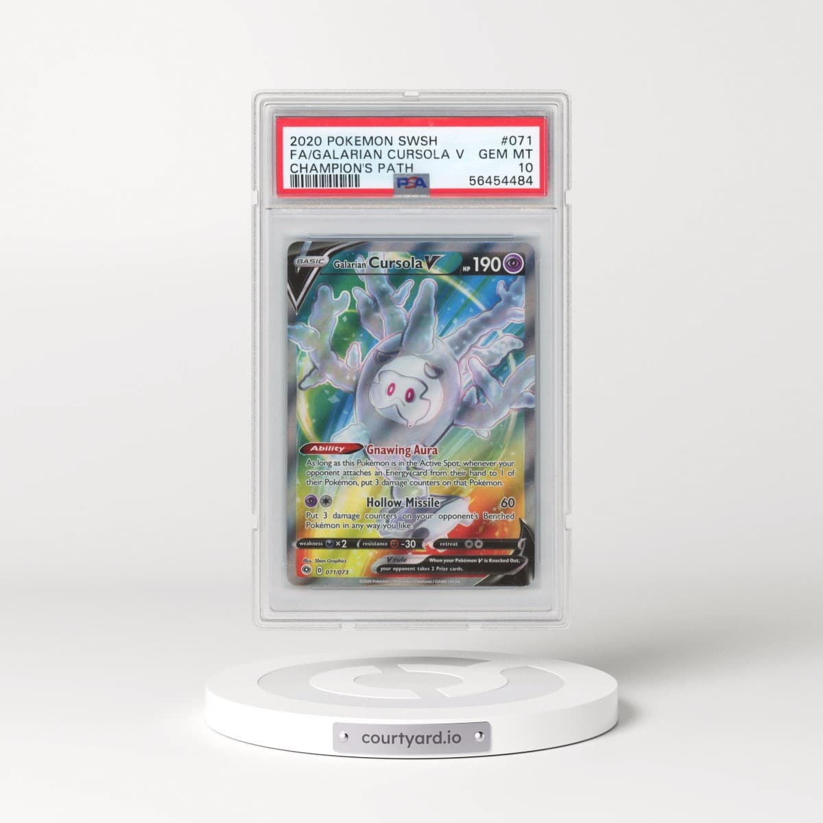2020 Pokémon Sword & Shield Champion's Path #071 Galarian Cursola V - Holo Full Art (PSA 10 GEM MINT)