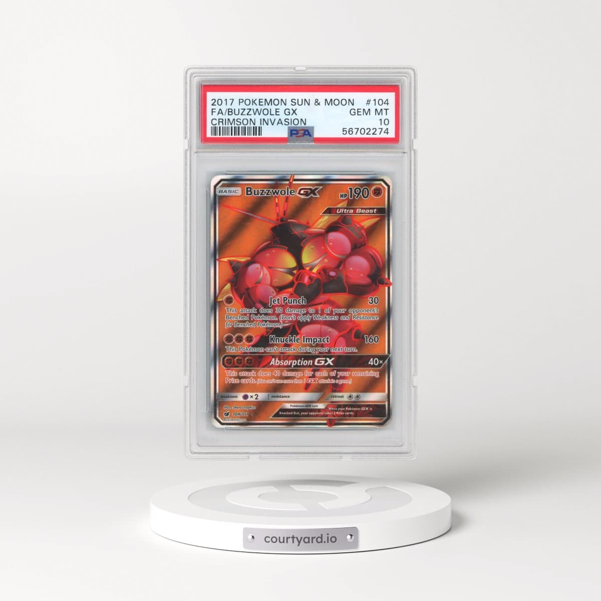 2017 Pokémon Sun & Moon Crimson Invasion #104 Buzzwole GX - Holo Full Art (PSA 10 GEM MINT)
