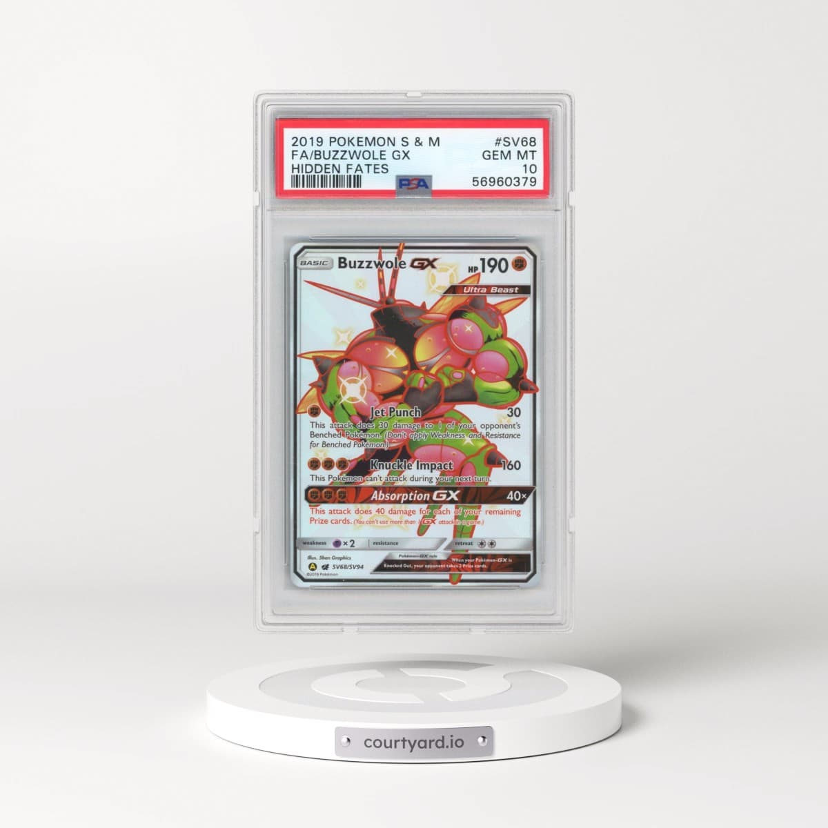 2019 Pokémon Sun & Moon Hidden Fates #SV68 Buzzwole GX - Holo Full Art (PSA 10 GEM MINT)
