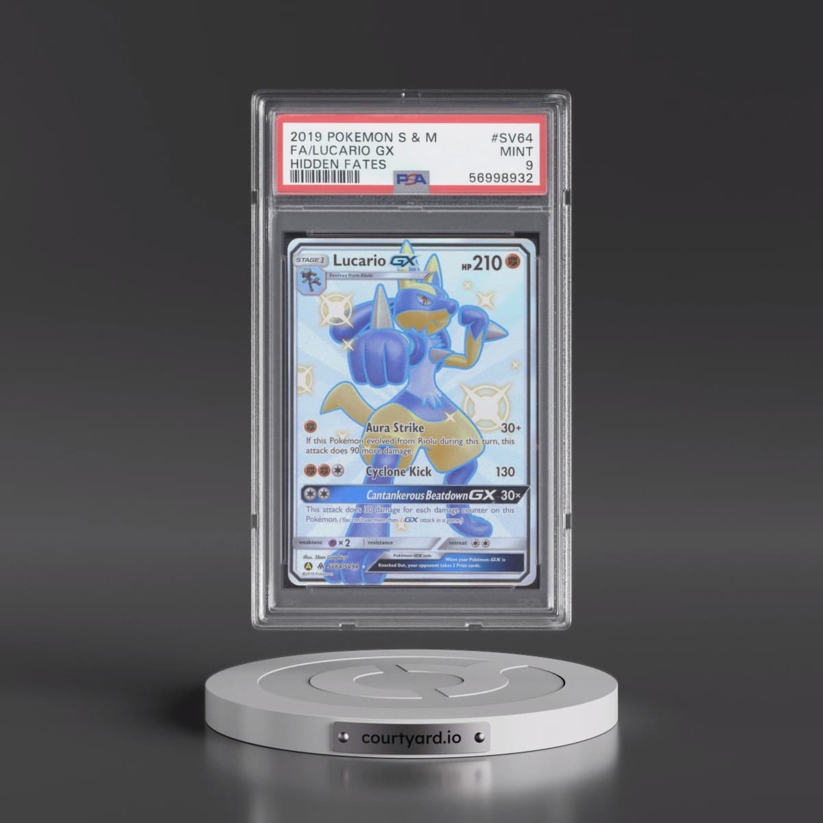 2019 Pokémon Sun & Moon Hidden Fates #SV64 Lucario GX - Holo Full Art (PSA 9 MINT)
