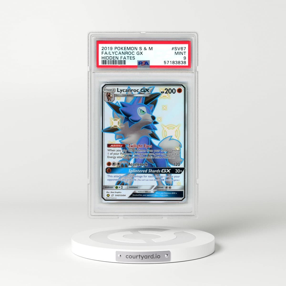 2019 Pokémon Sun & Moon Hidden Fates #SV67 Lycanroc GX - Holo Full Art (PSA 9 MINT)