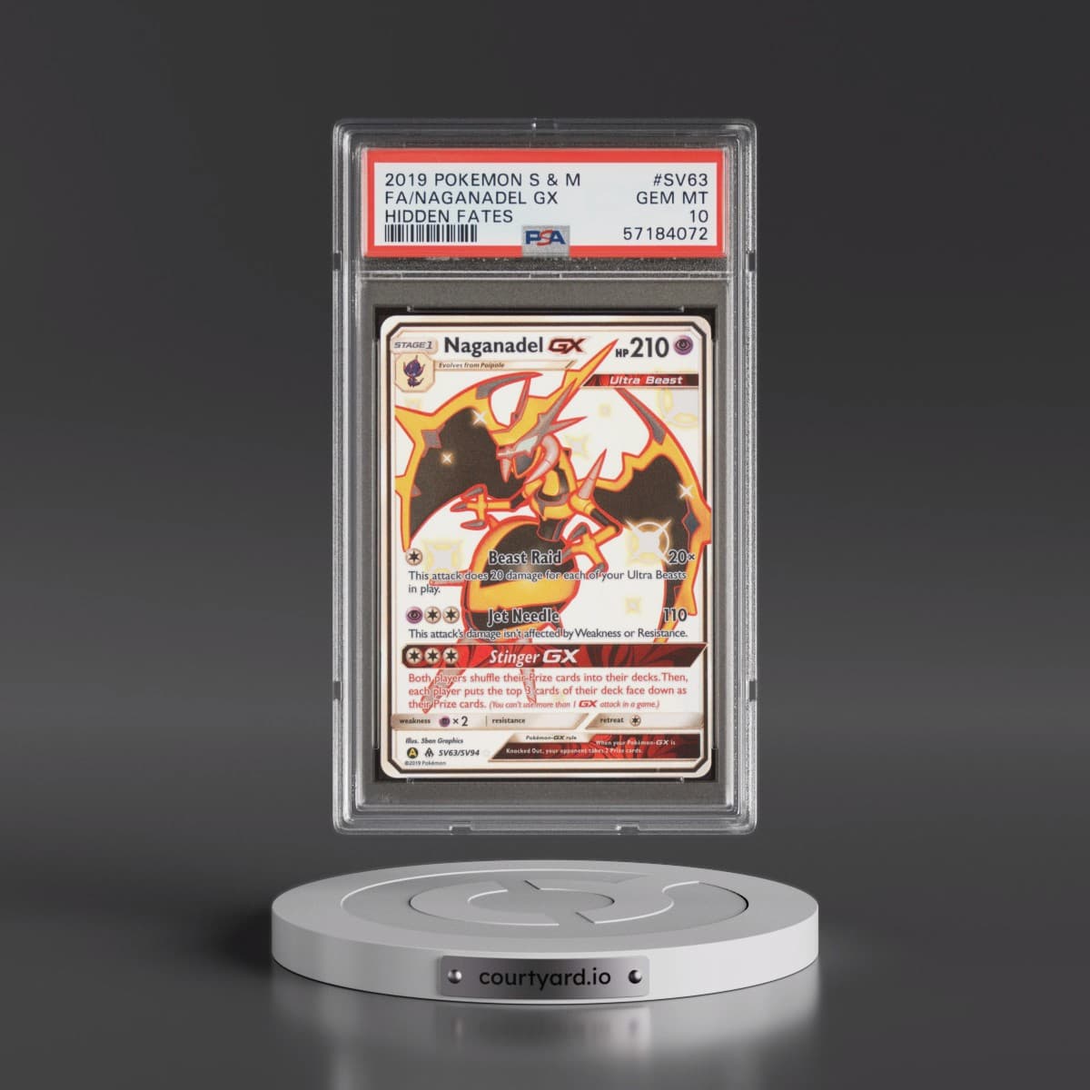 2019 Pokémon Sun & Moon Hidden Fates #SV63 Naganadel GX - Holo Full Art (PSA 10 GEM MINT)