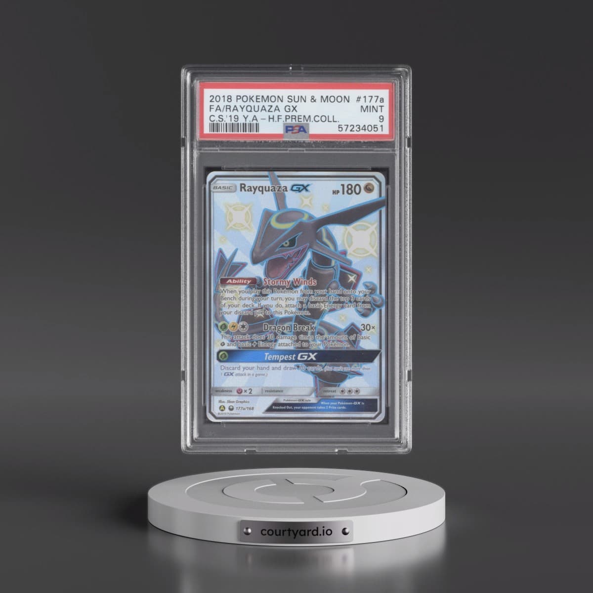 2018 Pokémon Sun & Moon Celestial Storm #177a Rayquaza GX - Holo Full Art 2019 Yellow A Hidden Fates Premium Collection (PSA 9 MINT)