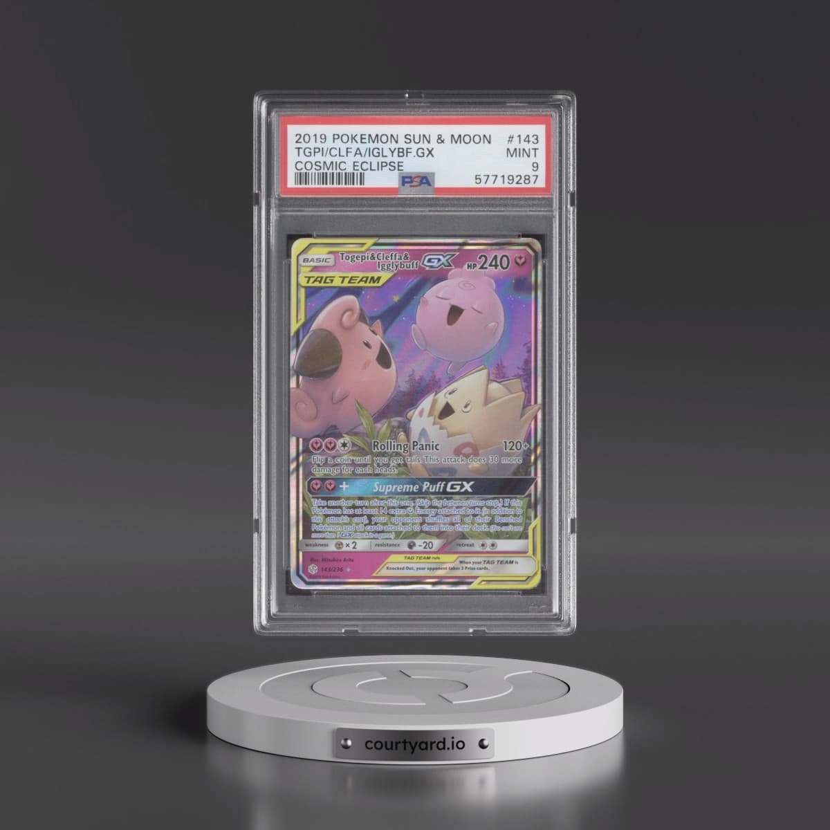 2019 Pokémon Sun & Moon Cosmic Eclipse #143 Togepi & Cleffa & Igglybuff GX - Holo (PSA 9 MINT)