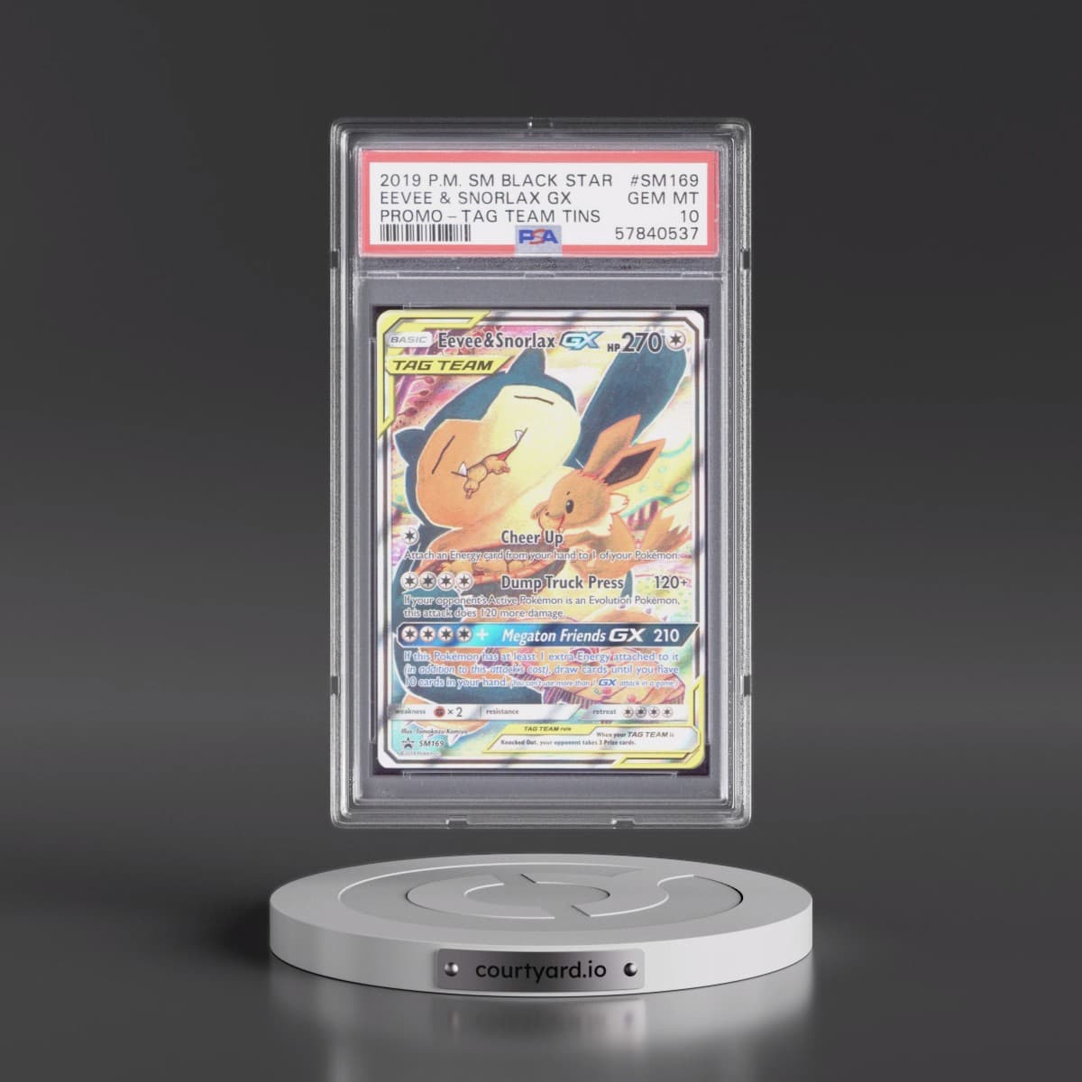 2019 Pokémon SM Black Star Promo #SM169 Eevee & Snorlax GX - Holo Full Art Tag Team Tins (PSA 10 GEM MINT)