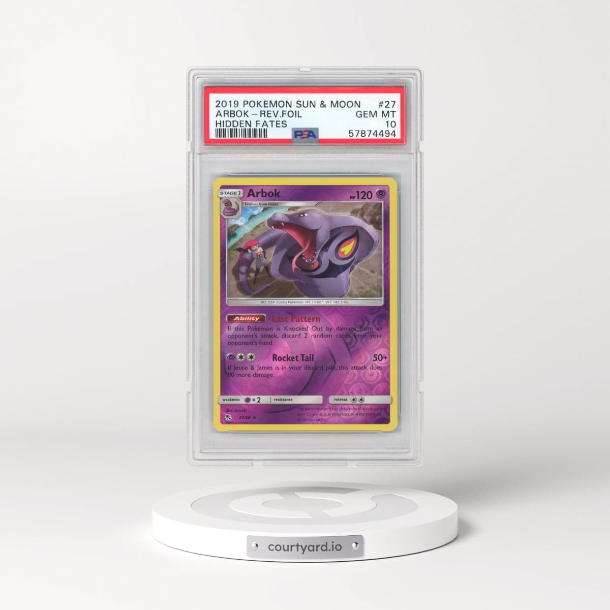2019 Pokémon Sun & Moon Hidden Fates #27 Arbok - Reverse Foil (PSA 10 GEM MINT)