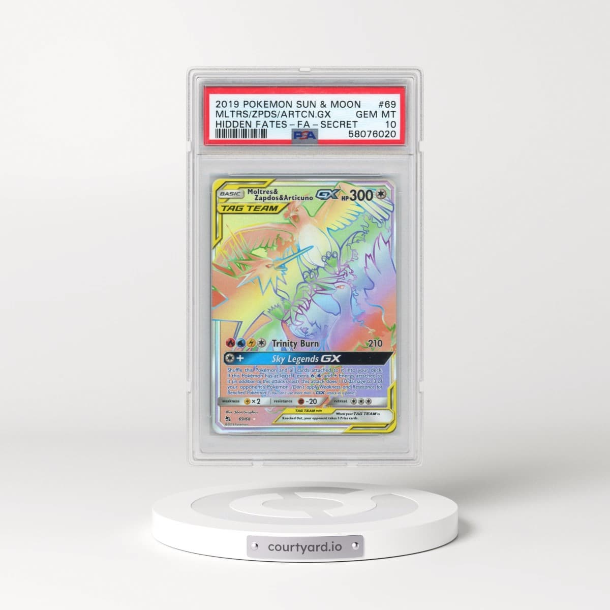2019 Pokémon Sun & Moon Hidden Fates #69 Moltres & Zapdos & Articuno GX - Holo Full Art Secret (PSA 10 GEM MINT)