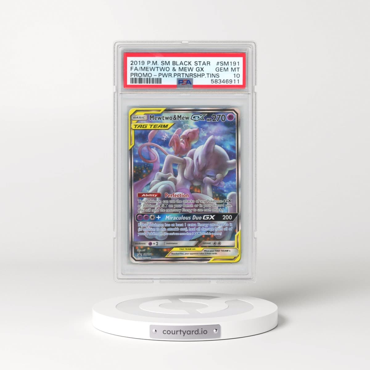 2019 Pokémon SM Black Star Promo #SM191 Mewtwo & Mew GX - Holo Full Art Power Partnership Tins (PSA 10 GEM MINT)