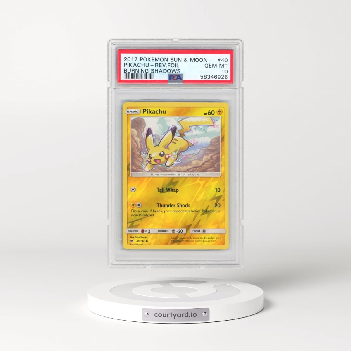 2017 Pokémon Sun & Moon Burning Shadows #40 Pikachu - Reverse Foil (PSA 10 GEM MINT)