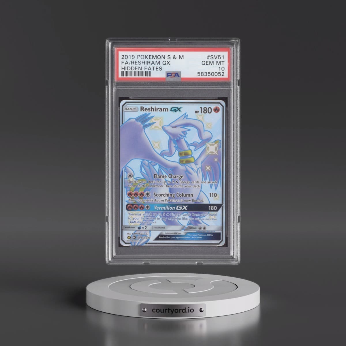 2019 Pokémon Sun & Moon Hidden Fates #SV51 Reshiram GX - Holo Full Art (PSA 10 GEM MINT)