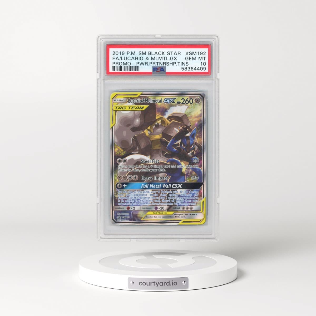 2019 Pokémon SM Black Star Promo #SM192 Lucario & Melmetal GX - Holo Full Art Power Partnership Tins (PSA 10 GEM MINT)