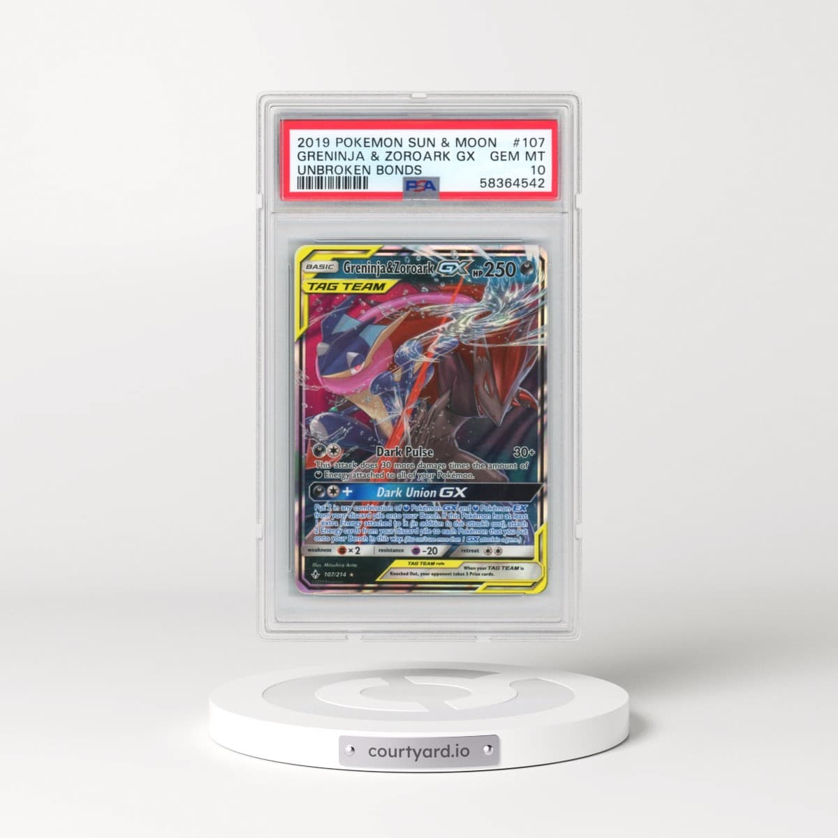 2019 Pokémon Sun & Moon Unbroken Bonds #107 Greninja & Zoroark GX - Holo (PSA 10 GEM MINT)