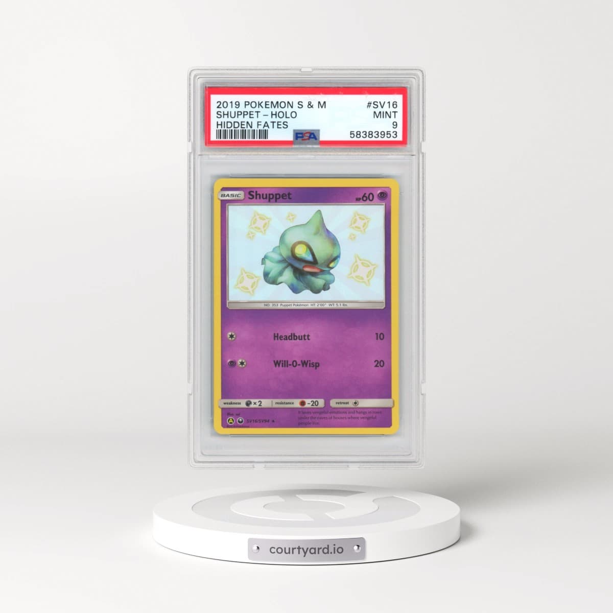 2019 Pokémon Sun & Moon Hidden Fates #SV16 Shuppet - Holo (PSA 9 MINT)