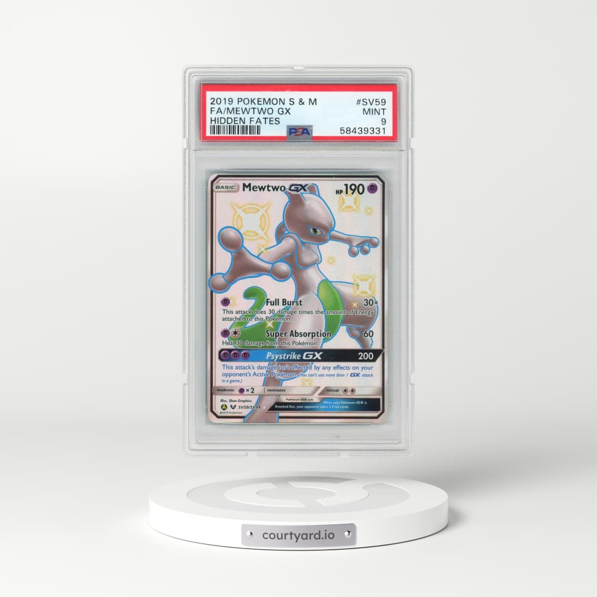 2019 Pokémon Sun & Moon Hidden Fates #SV59 Mewtwo GX - Holo Full Art (PSA 9 MINT)