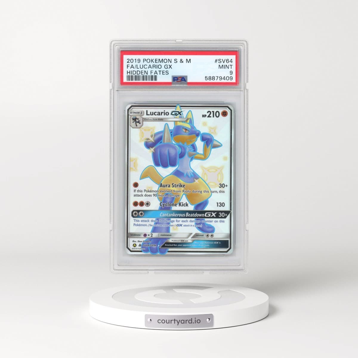 2019 Pokémon Sun & Moon Hidden Fates #SV64 Lucario GX - Holo Full Art (PSA 9 MINT)