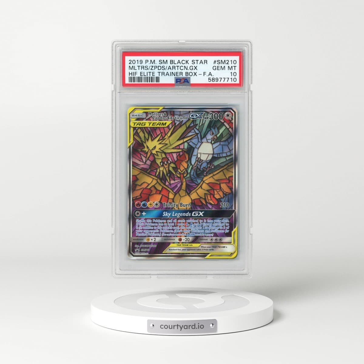 2019 Pokémon SM Black Star Promo #SM210 Moltres & Zapdos & Articuno GX - Holo Full Art Hidden Fates Elite Trainer Box (PSA 10 GEM MINT)