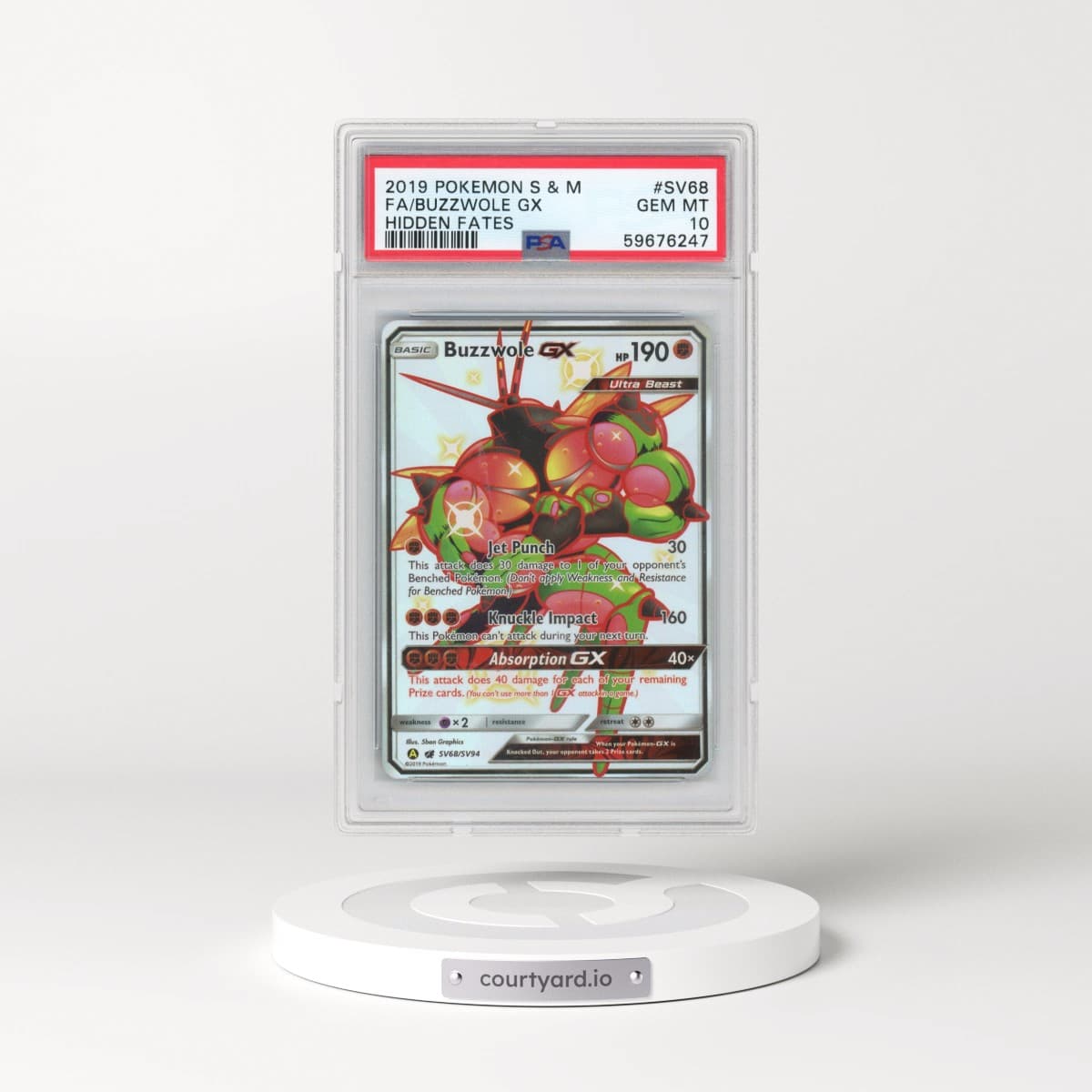 2019 Pokémon Sun & Moon Hidden Fates #SV68 Buzzwole GX - Holo Full Art (PSA 10 GEM MINT)