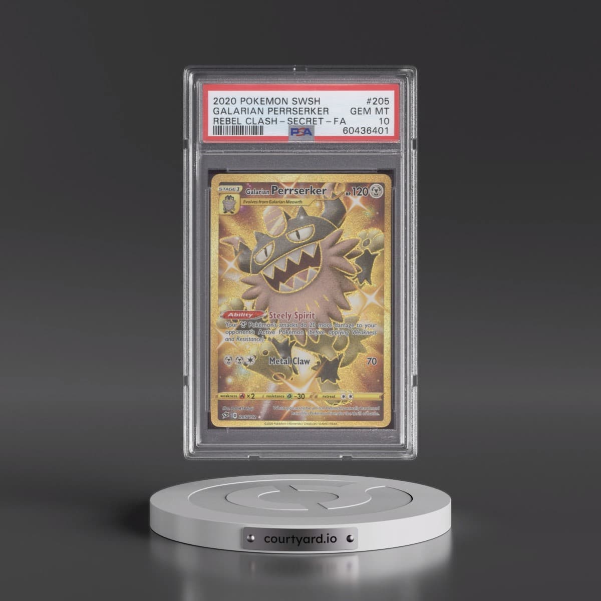 2020 Pokémon Sword & Shield Rebel Clash #205 Galarian Perrserker - Full Art Secret (PSA 10 GEM MINT)