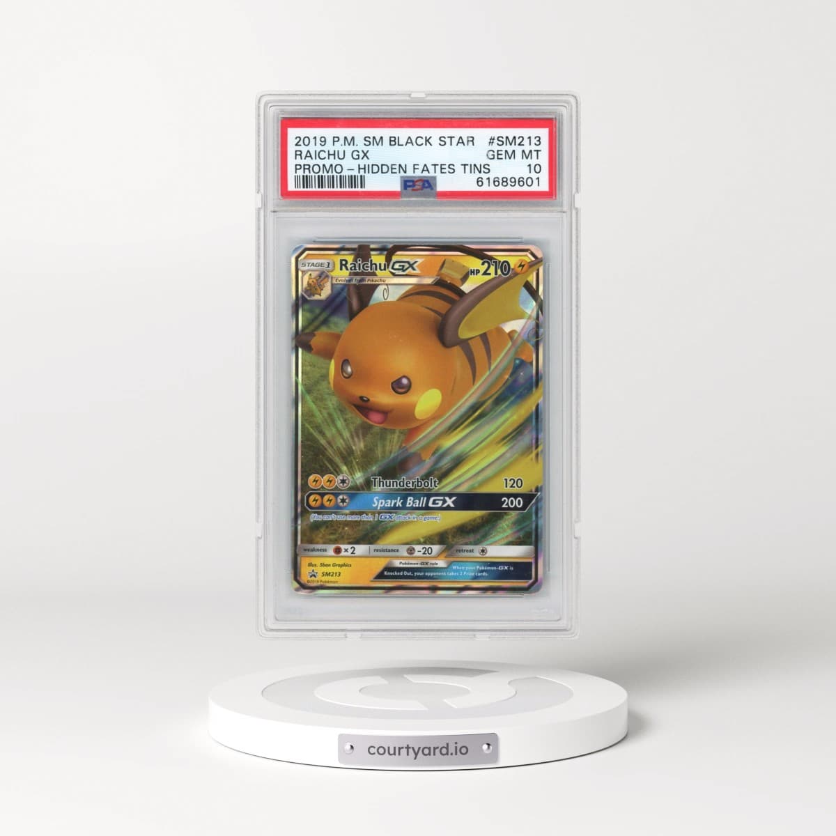 2019 Pokémon SM Black Star Promo #SM213 Raichu GX - Holo Hidden Fates Tins (PSA 10 GEM MINT)