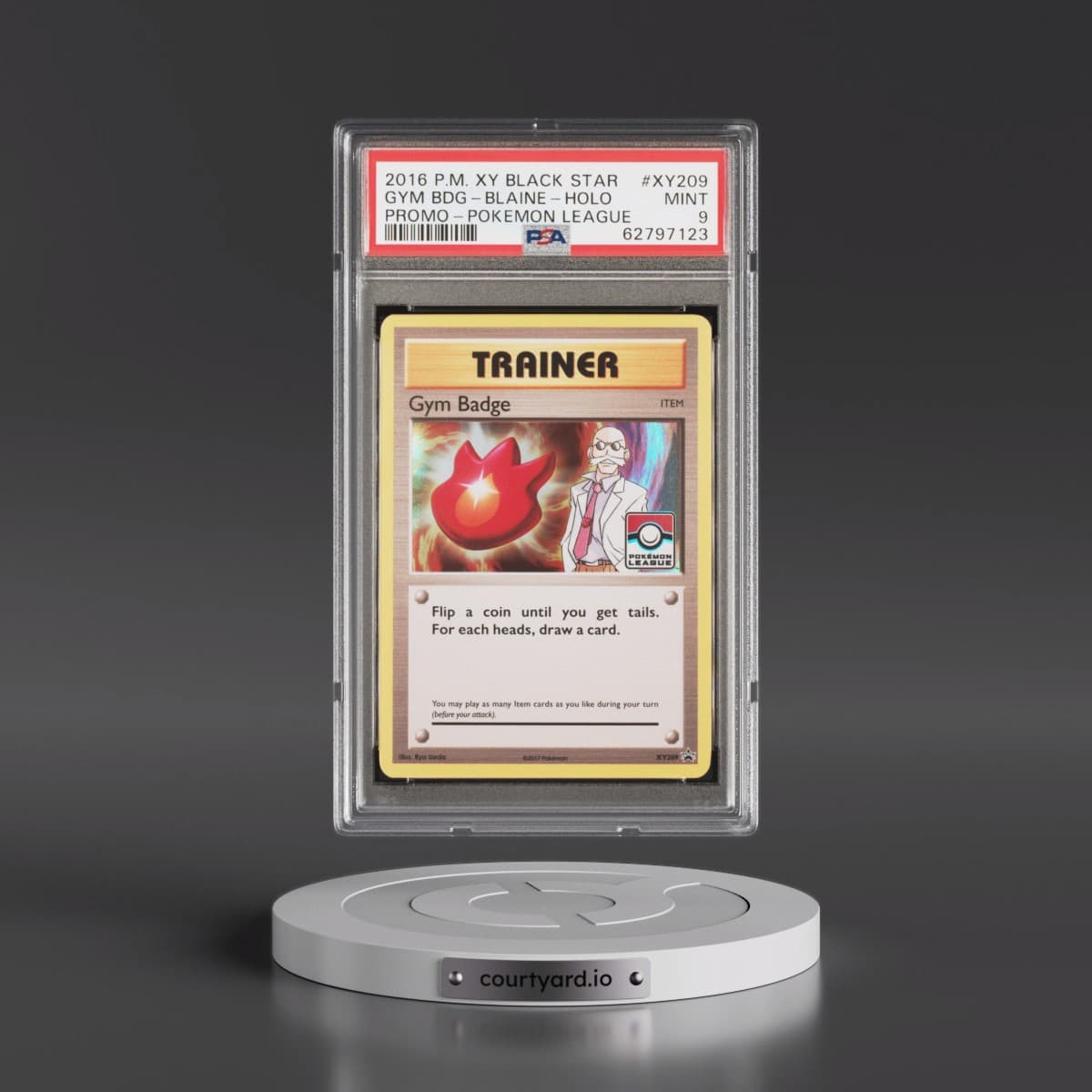 2016 Pokémon XY Black Star Promo #XY209 Gym Badge-Blaine - Holo Pokemon League (PSA 9 MINT)