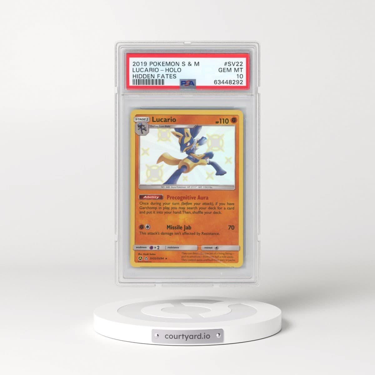 2019 Pokémon Sun & Moon Hidden Fates #SV22 Lucario - Holo (PSA 10 GEM MINT)