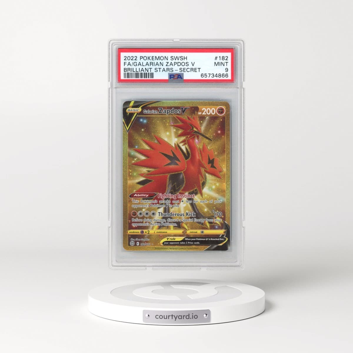 2022 Pokémon Sword & Shield Brilliant Stars #182 Galarian Zapdos V - Holo Full Art Secret (PSA 9 MINT)