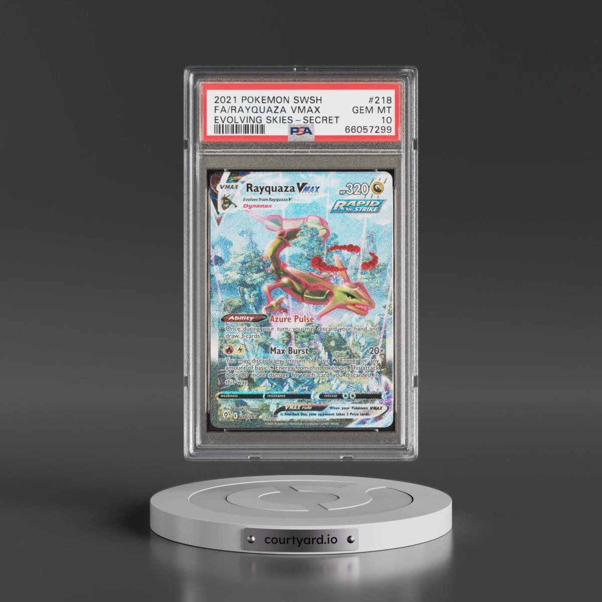 2021 Pokémon Sword & Shield Evolving Skies #218 Rayquaza Vmax - Full Art Secret (PSA 10 GEM MINT)