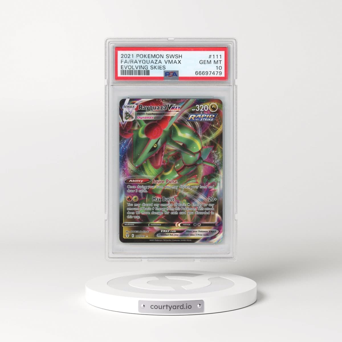 2021 Pokémon Sword & Shield Evolving Skies #111 Rayquaza Vmax - Full Art (PSA 10 GEM MINT)