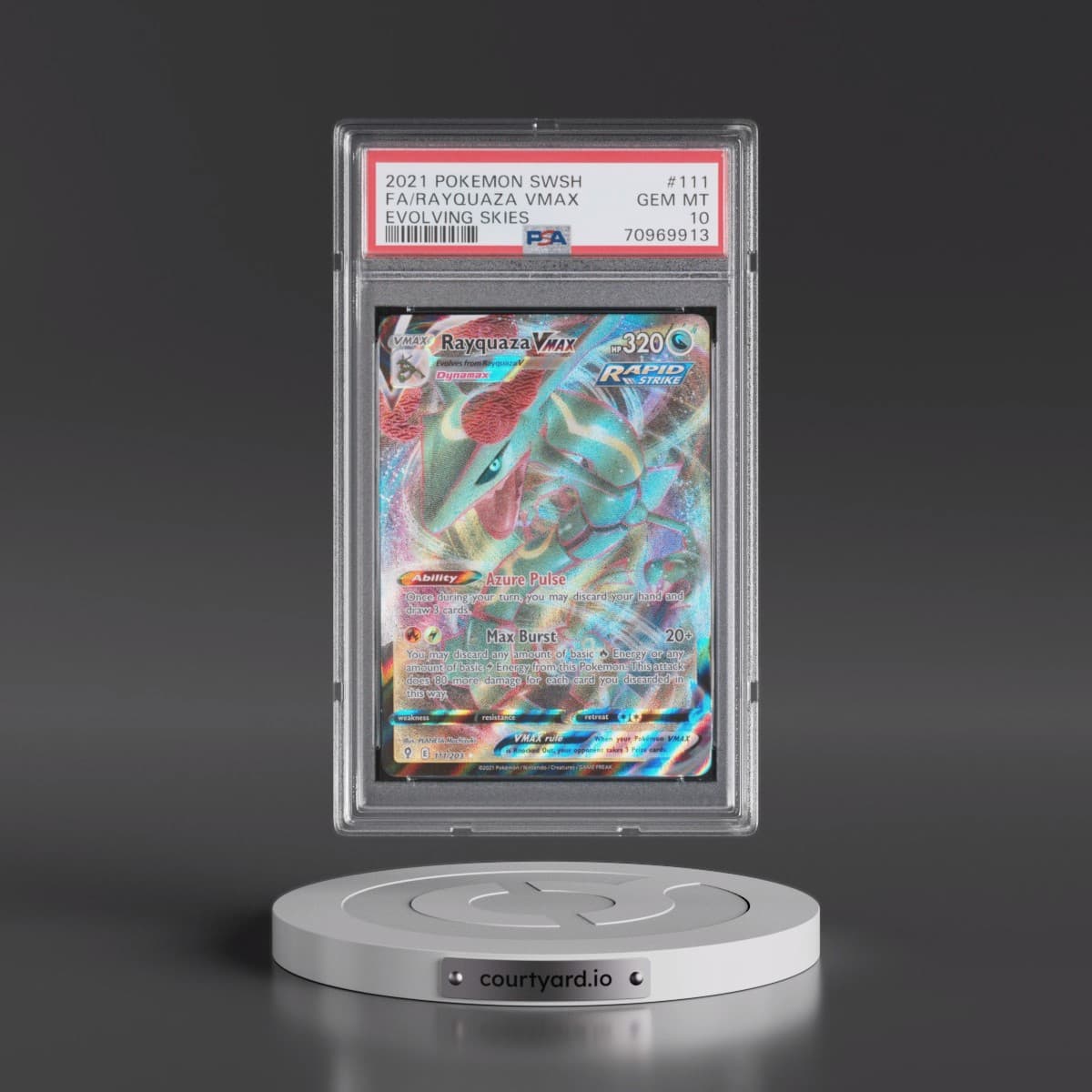 2021 Pokémon Sword & Shield Evolving Skies #111 Rayquaza Vmax - Full Art (PSA 10 GEM MINT)