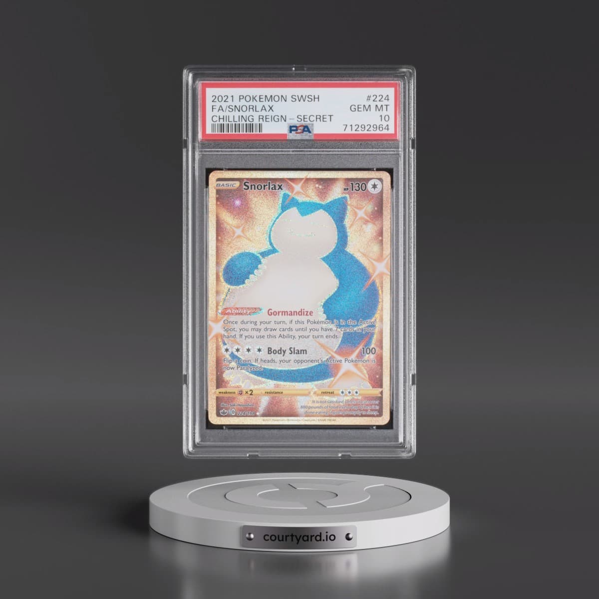 2021 Pokémon Sword & Shield Chilling Reign #224 Snorlax - Full Art Secret (PSA 10 GEM MINT)