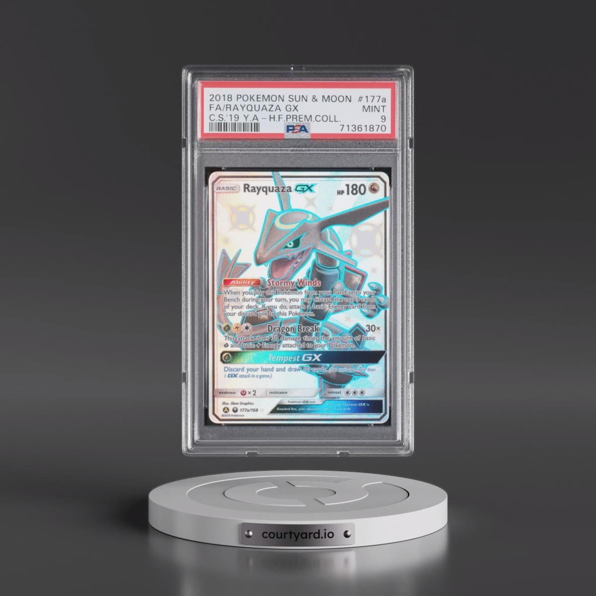 2018 Pokémon Sun & Moon Celestial Storm #177a Rayquaza GX - Holo Full Art 2019 Yellow A Hidden Fates Premium Collection (PSA 9 MINT)