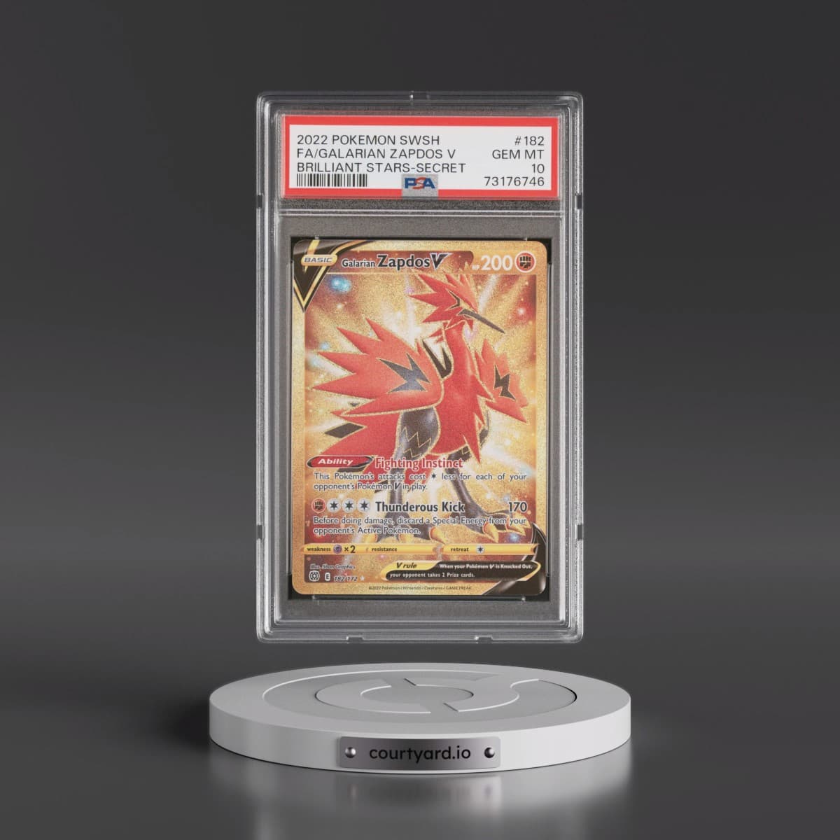 2022 Pokémon Sword & Shield Brilliant Stars #182 Galarian Zapdos V - Holo Full Art Secret (PSA 10 GEM MINT)