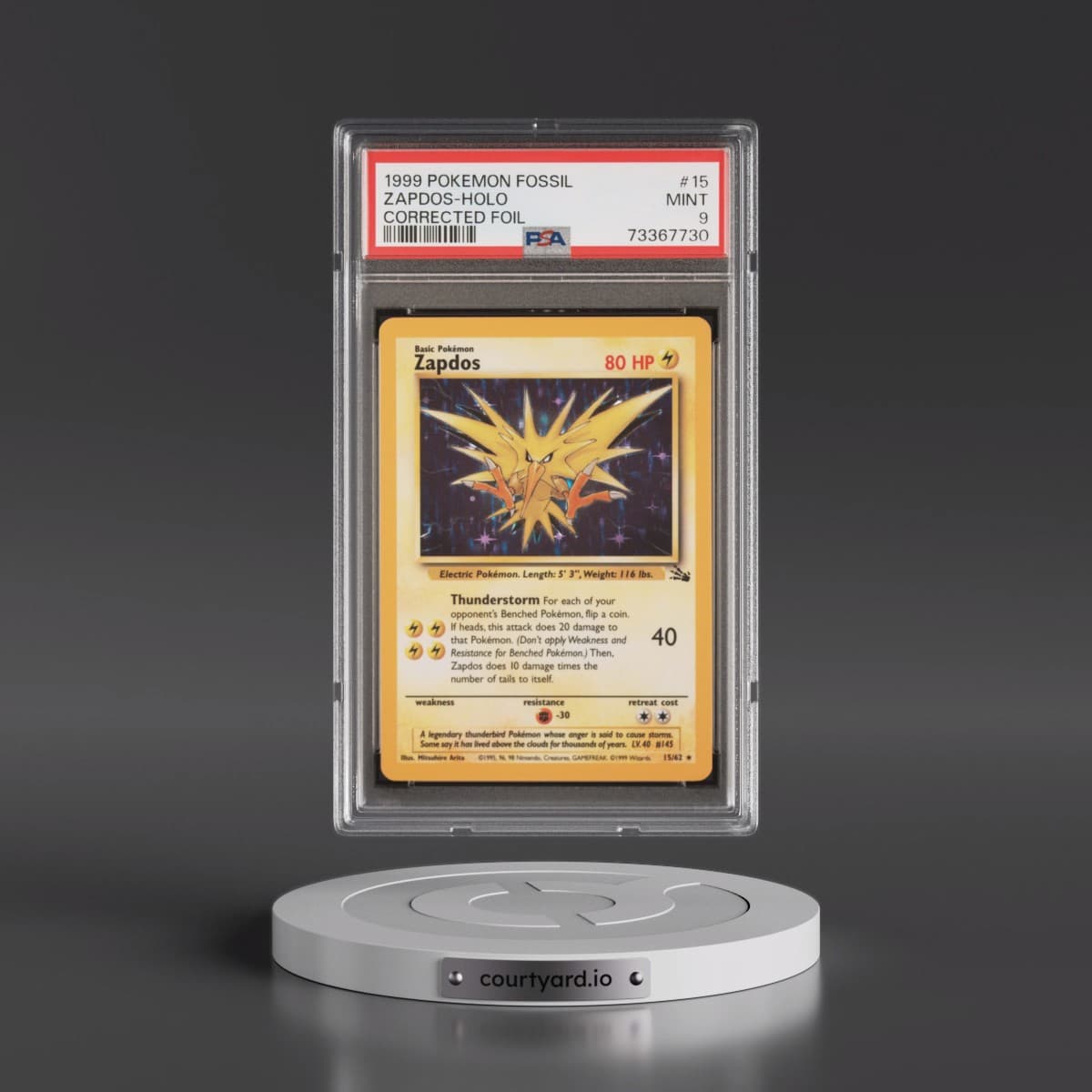 1999 Pokémon Fossil #15 Zapdos - Holo Corrected Foil (PSA 9 MINT)