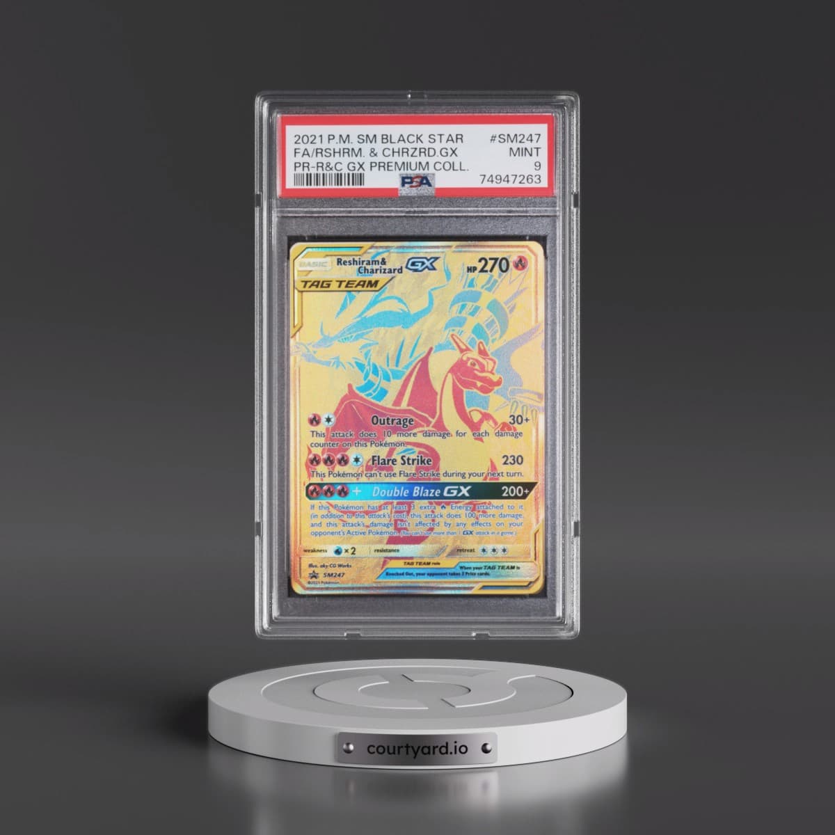 2021 Pokémon SM Black Star Promo #SM247 Reshiram & Charizard GX - Holo Full Art Reshiram & Charizard GX Premium Collection (PSA 9 MINT)
