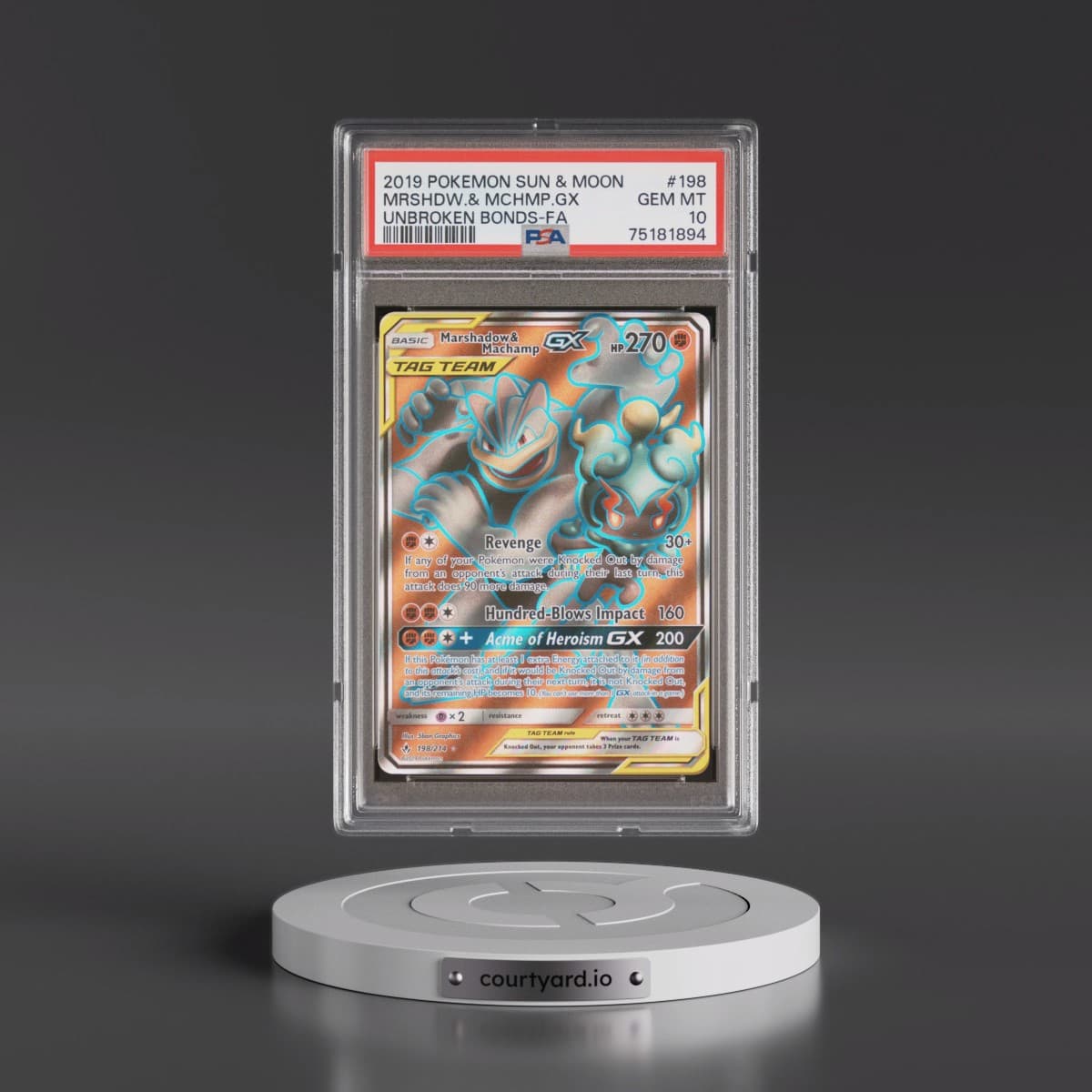 2019 Pokémon Sun & Moon Unbroken Bonds #198 Marshadow & Machamp GX - Holo Full Art (PSA 10 GEM MINT)