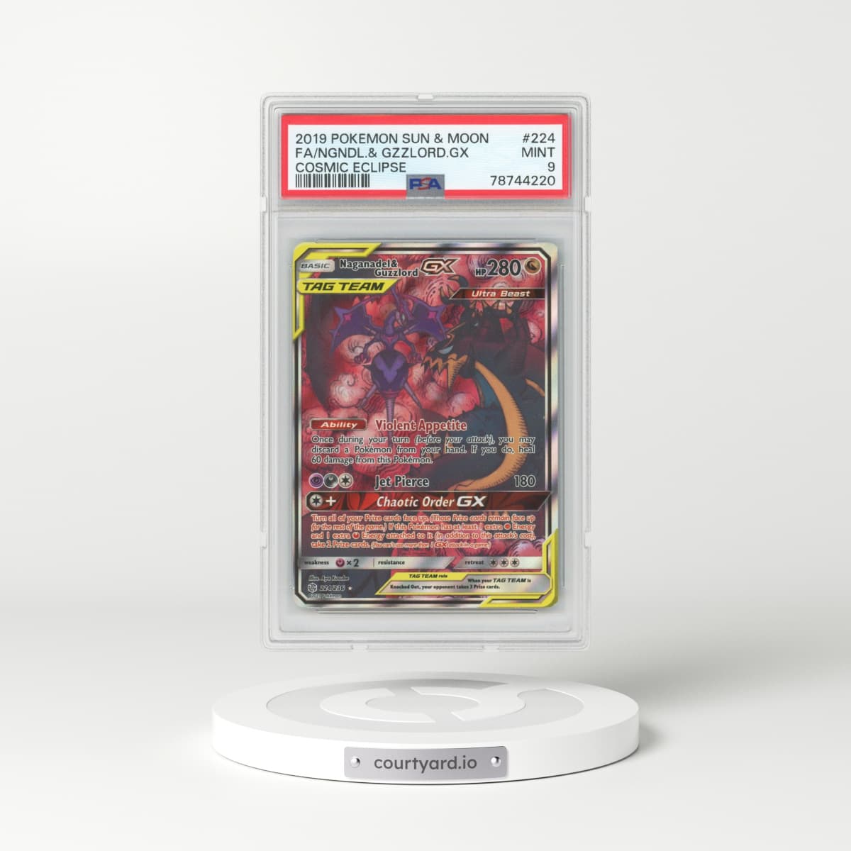 2019 Cosmic Eclipse #224 Naganadel & Guzzlord GX - Full Art Holo (PSA 9 MINT)