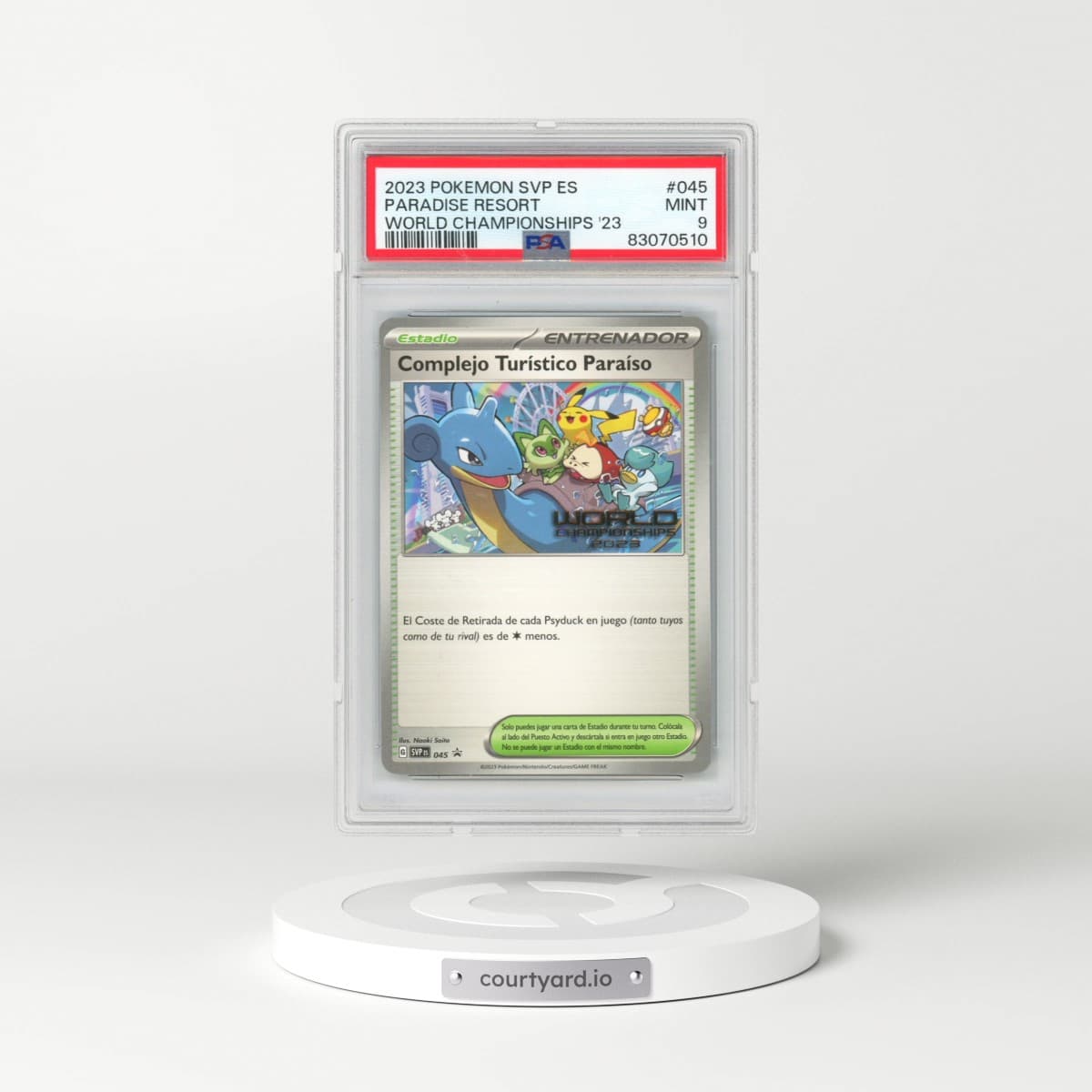 2023 Pokémon Svp ES-SV Black Star Promo #045 Paradise Resort - World Championships 2023 (PSA 9 MINT)