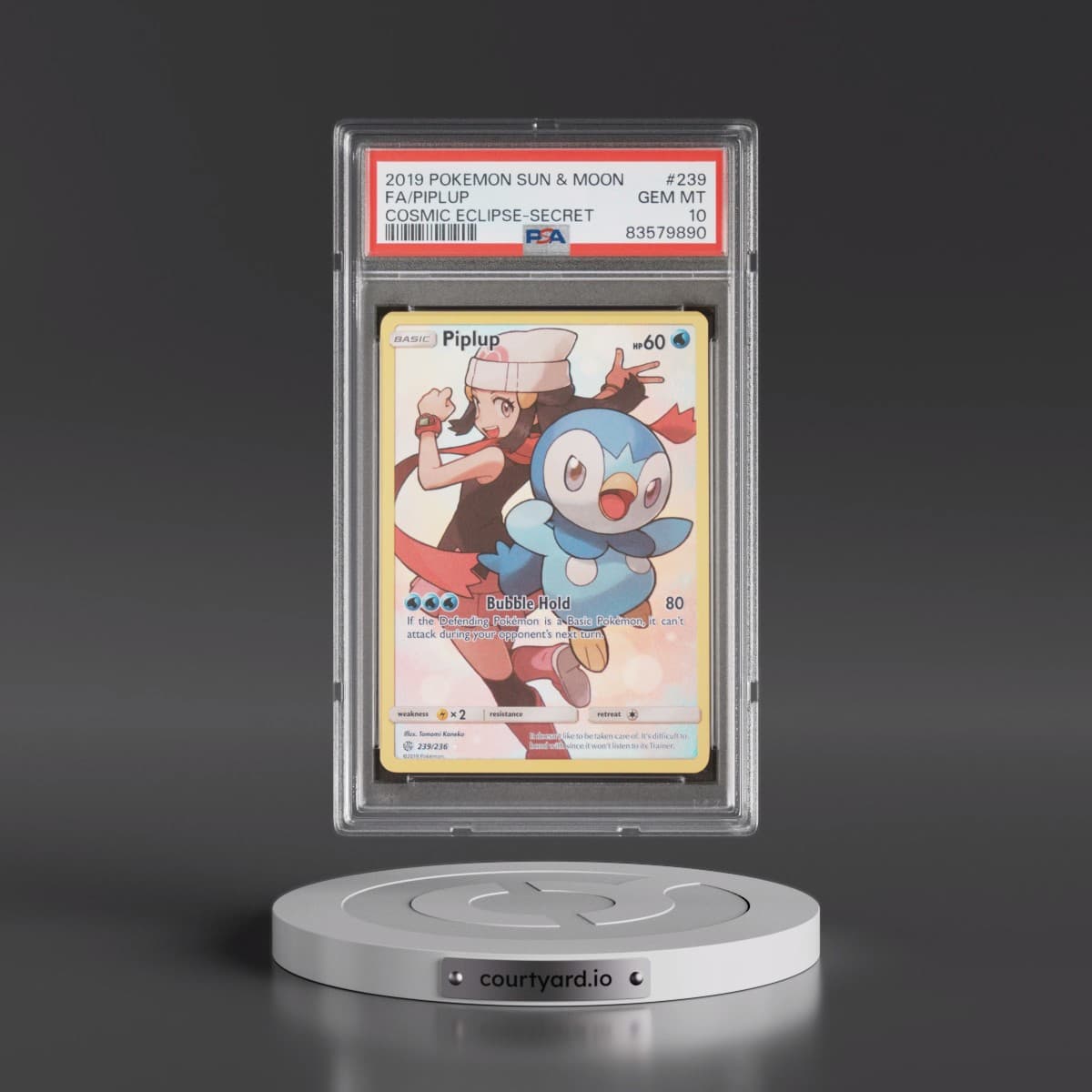 2019 Pokémon Sun & Moon Cosmic Eclipse #239 Piplup - Full Art Secret (PSA 10 GEM MINT)