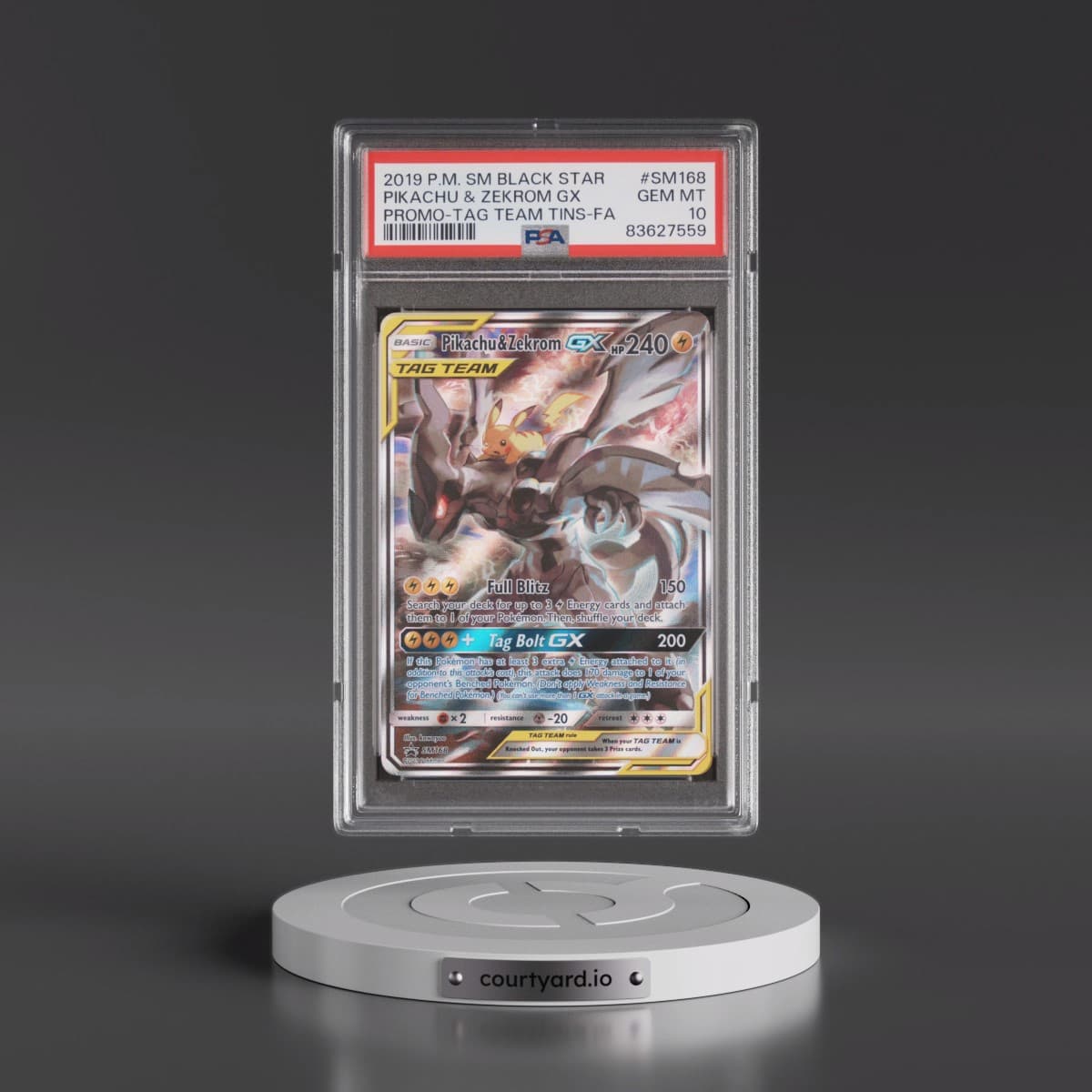 2019 Pokémon SM Black Star Promo #SM168 Pikachu & Zekrom GX - Holo Full Art Tag Team Tins (PSA 10 GEM MINT)