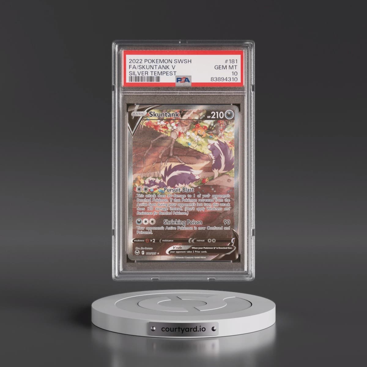 2022 Pokémon Sword & Shield Silver Tempest #181 Skuntank V - Holo Full Art (PSA 10 GEM MINT)