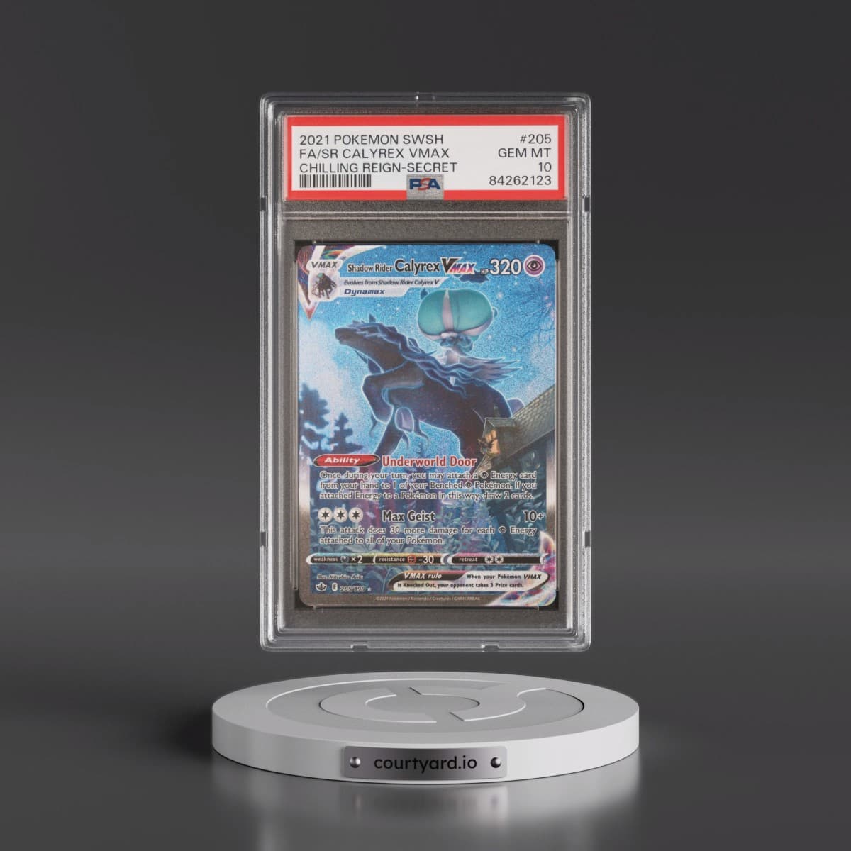 2021 Pokémon Sword & Shield Chilling Reign #205 Shadow Rider Calyrex Vmax - Full Art Secret (PSA 10 GEM MINT)