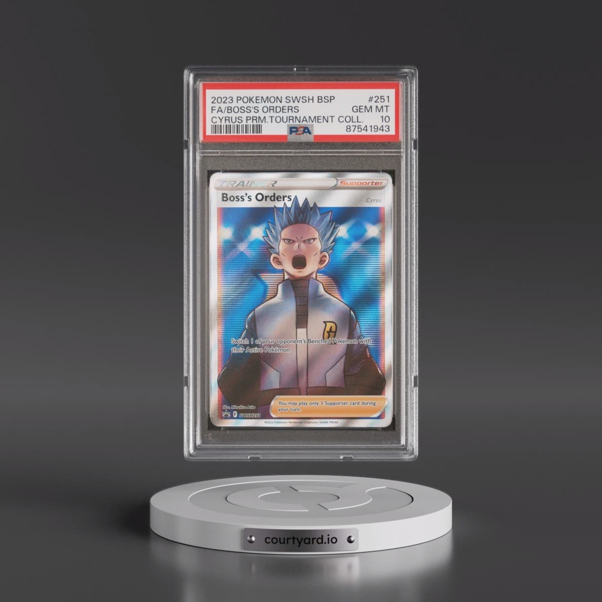 2023 Pokémon Swsh Black Star Promo #251 Boss's Orders - Full Art Cyrus Premium Tournament Collection (PSA 10 GEM MINT)