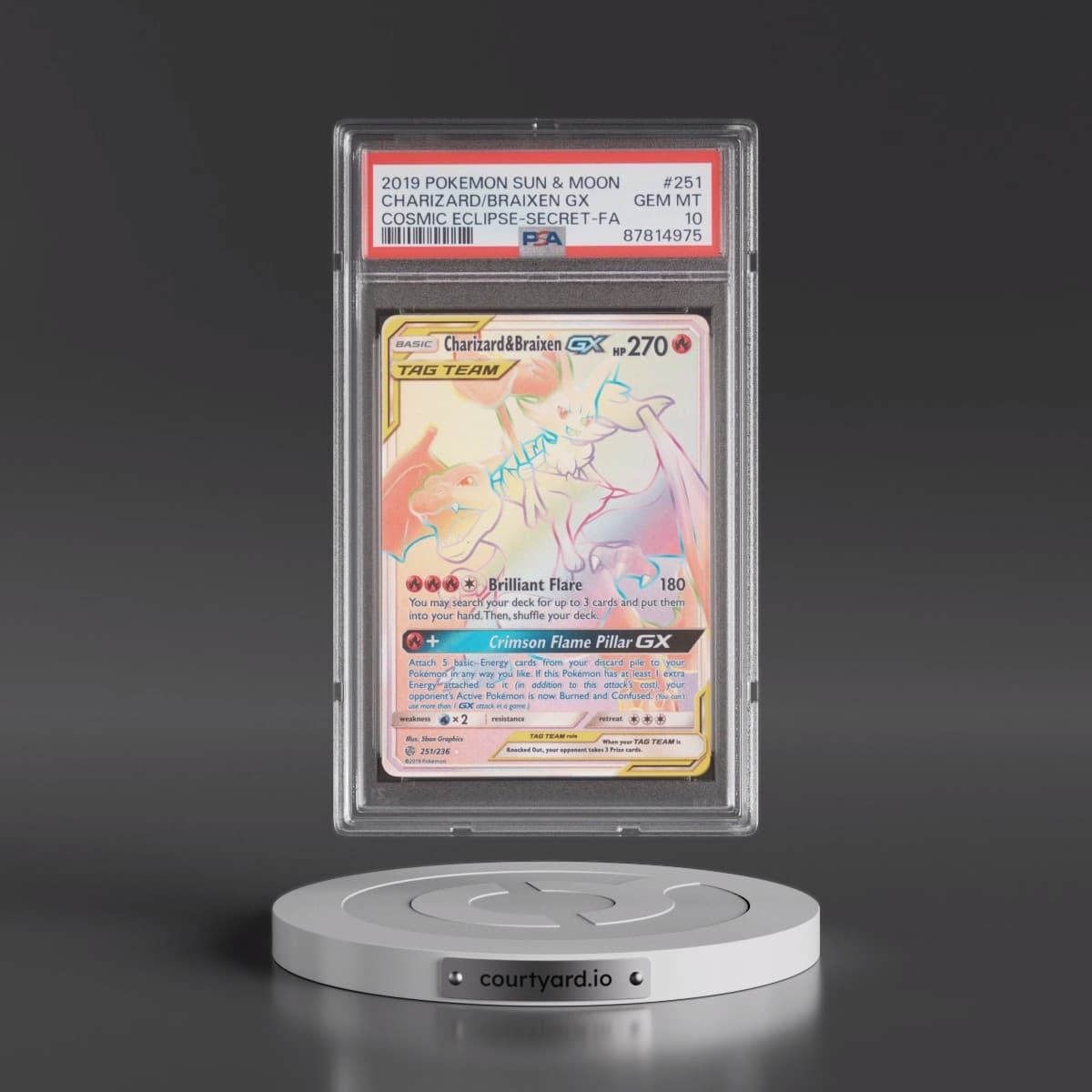 2019 Pokémon Sun & Moon Cosmic Eclipse #251 Charizard & Braixen GX - Holo Full Art Secret (PSA 10 GEM MINT)