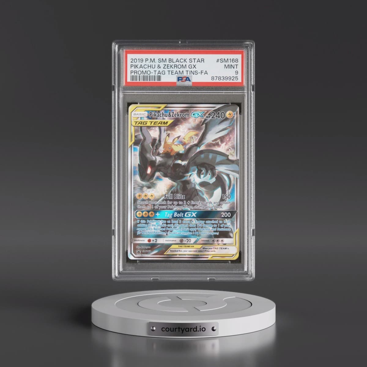 2019 Pokémon SM Black Star Promo #SM168 Pikachu & Zekrom GX - Holo Full Art Tag Team Tins (PSA 9 MINT)