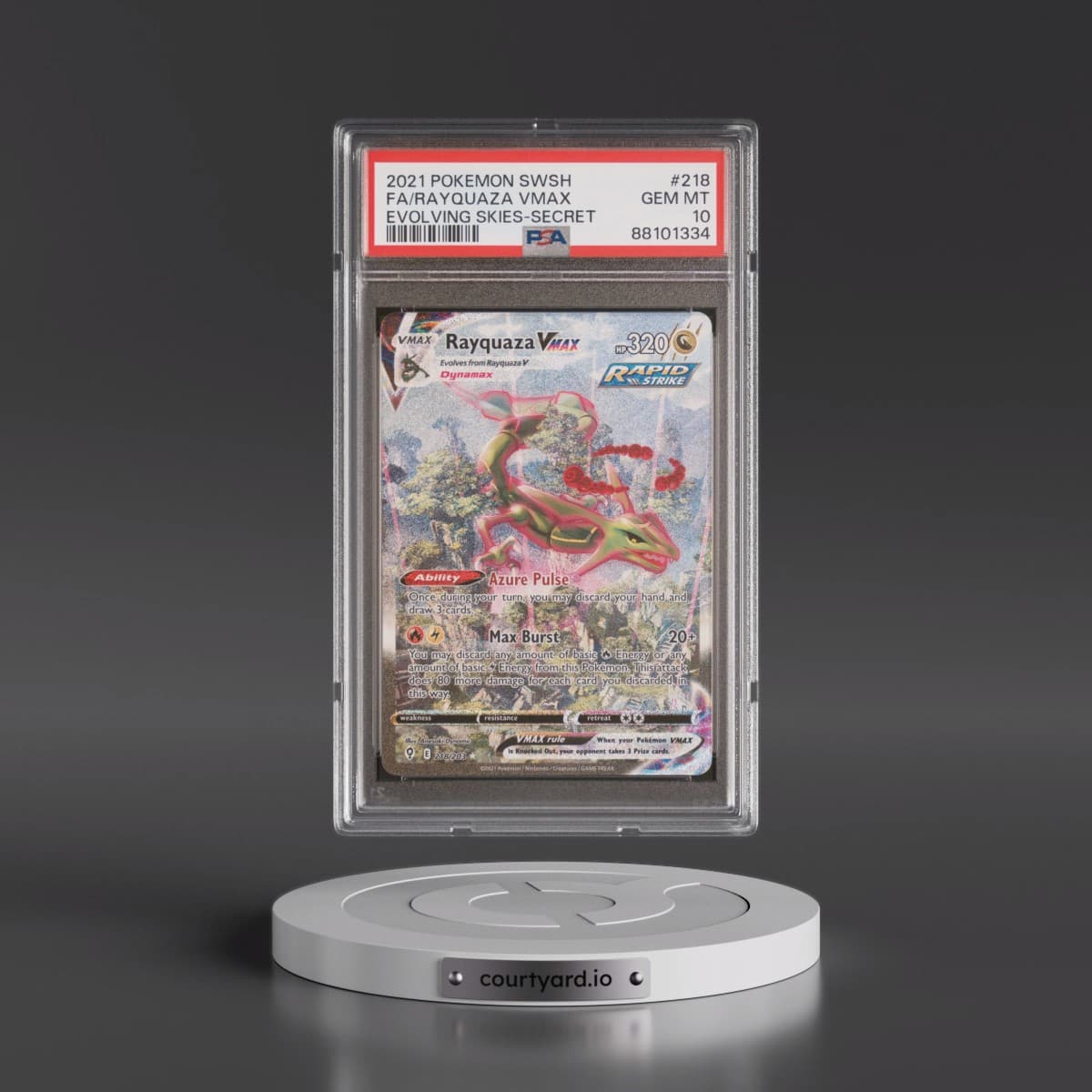2021 Pokémon Sword & Shield Evolving Skies #218 Rayquaza Vmax - Full Art Secret (PSA 10 GEM MINT)